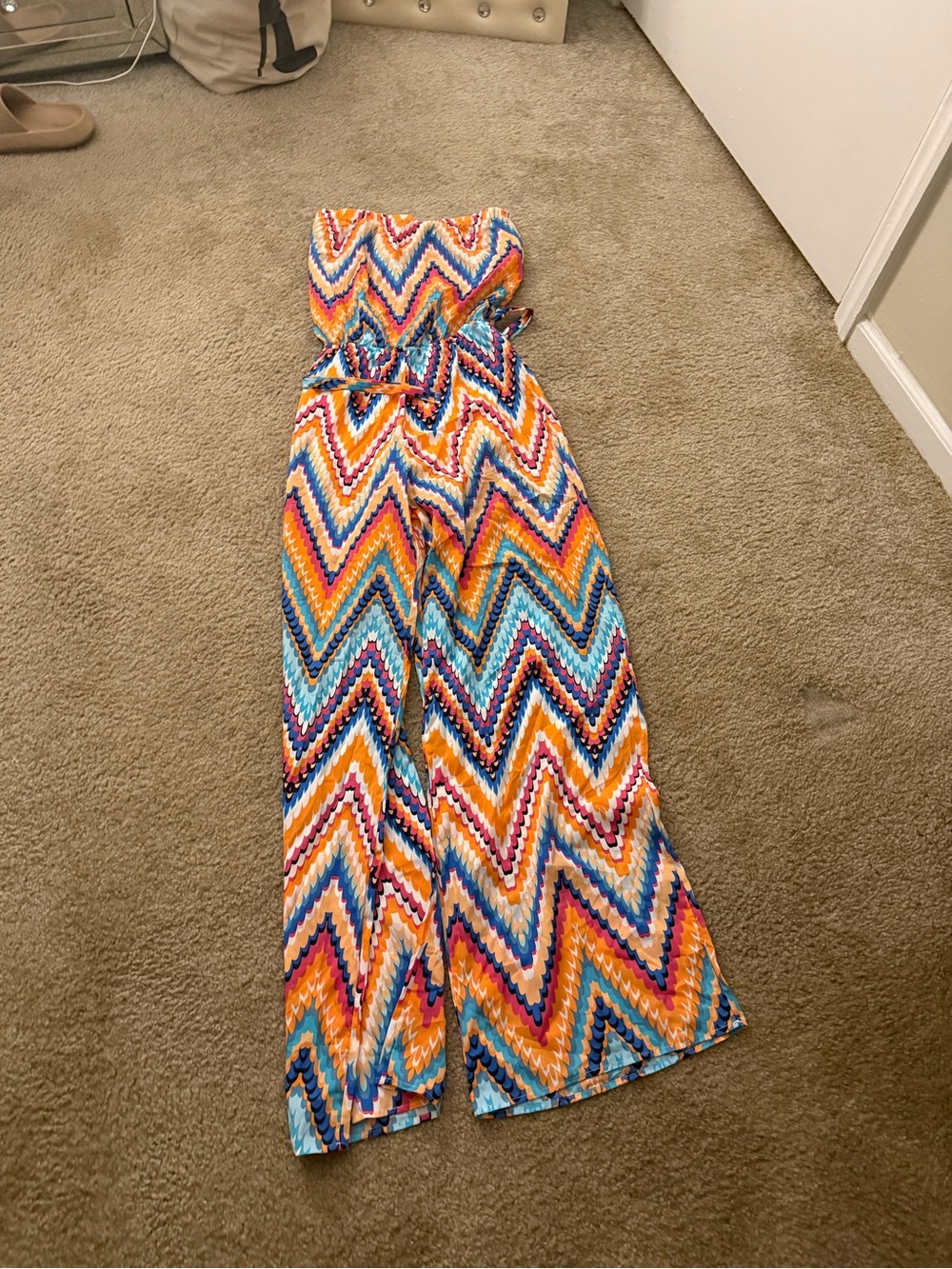 Black Bead Strapless Chevron Jumpsuit in Orange, Blue, Pink size cut out.